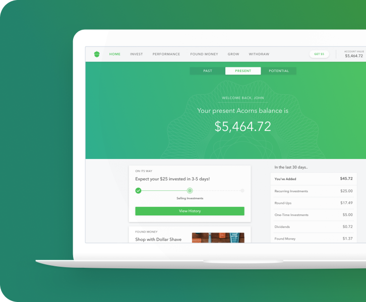 Acorns web dashboard on laptop, account balance and activity