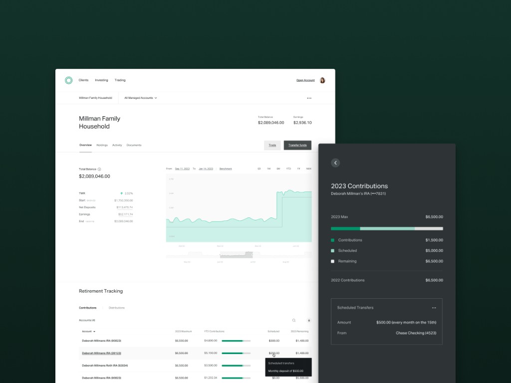 Altruist advisor dashboard and mobile retirement contributions view