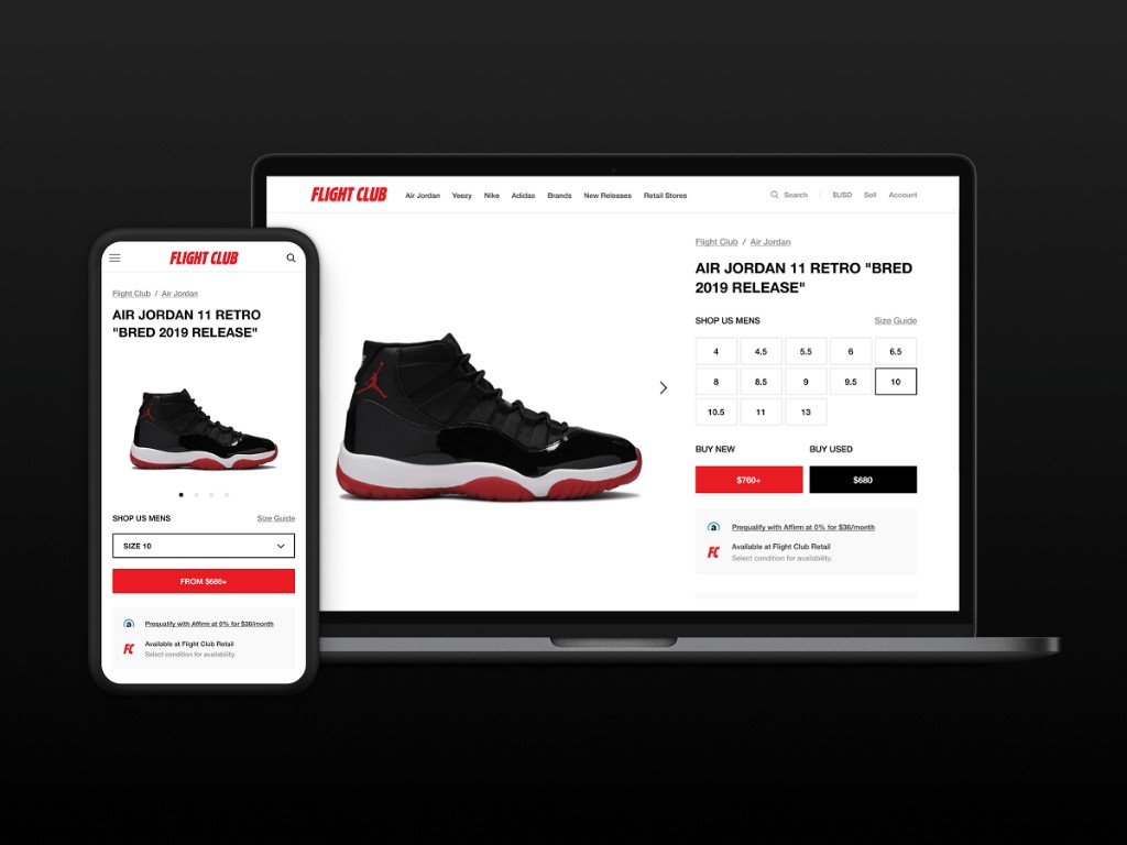 Flight Club product detail page on desktop and mobile, Air Jordan 11 Retro