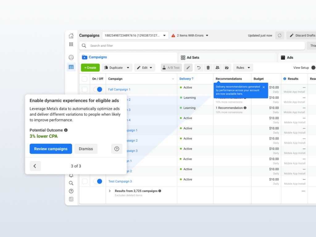 Meta Ads Manager with guidance card, campaigns table